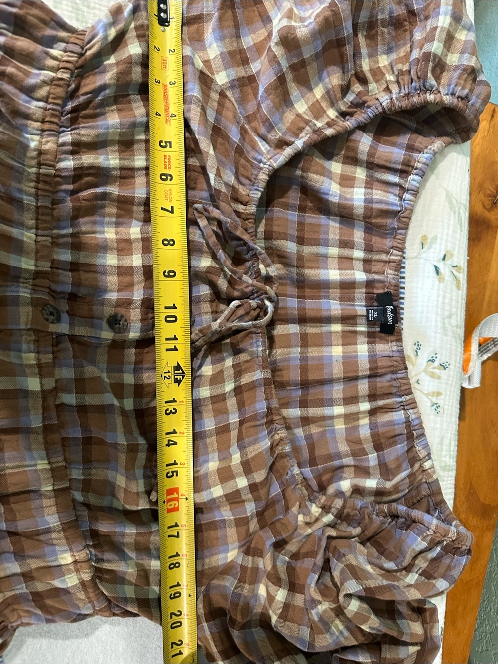 Madewell Brown & Cream Plaid Peasant Dress with Subtle Blue Check - Picture 6 of 6